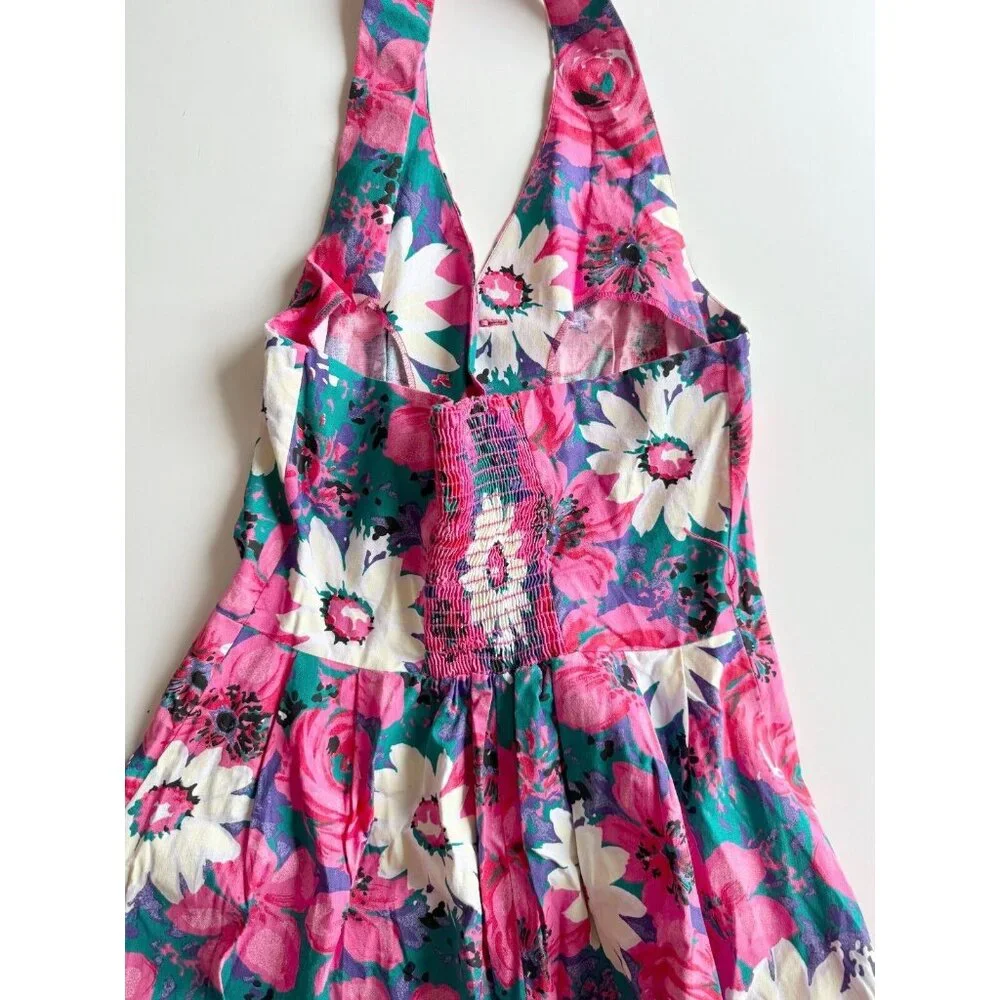 Vintage 80's CANNES Pink Floral Cotton Canvas Halter Midi Circle Dress, Size 14 - Picture 12 of 15